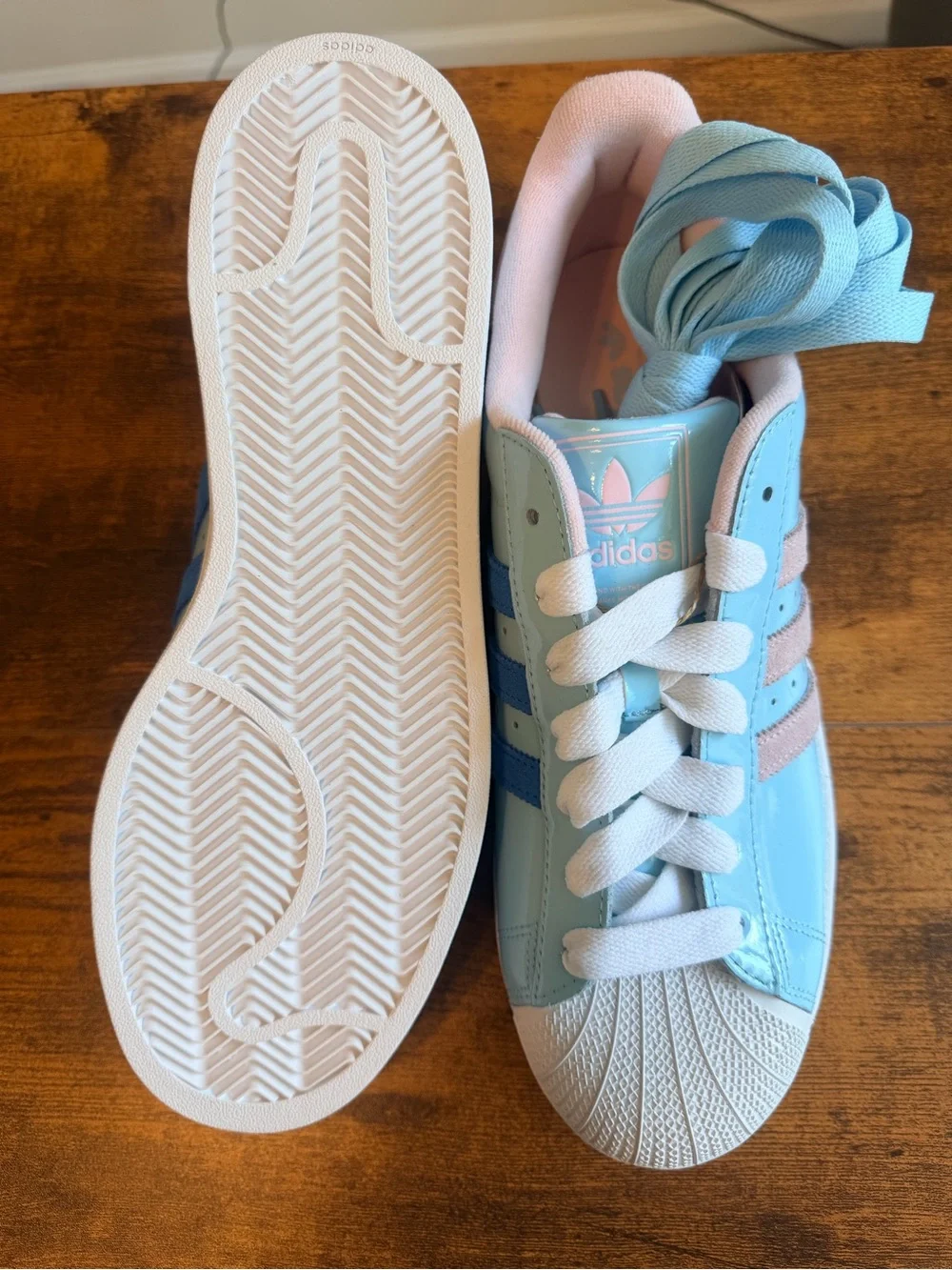 Adidas Men’s Superstar Sneakers - Light Blue with Pink Stripes 13M